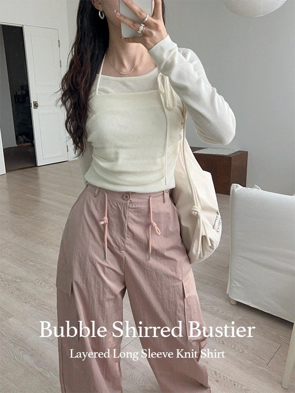 [주문폭주✨,예약발송] 3컬러 셔링버블 뷔스티에 레이어드 긴팔 니트 티셔츠