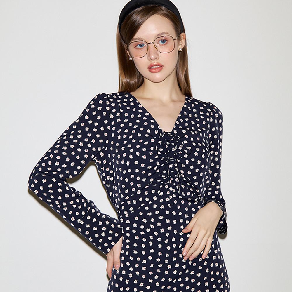 [살롱드욘] Vneck Shirring Midi Dress Navy