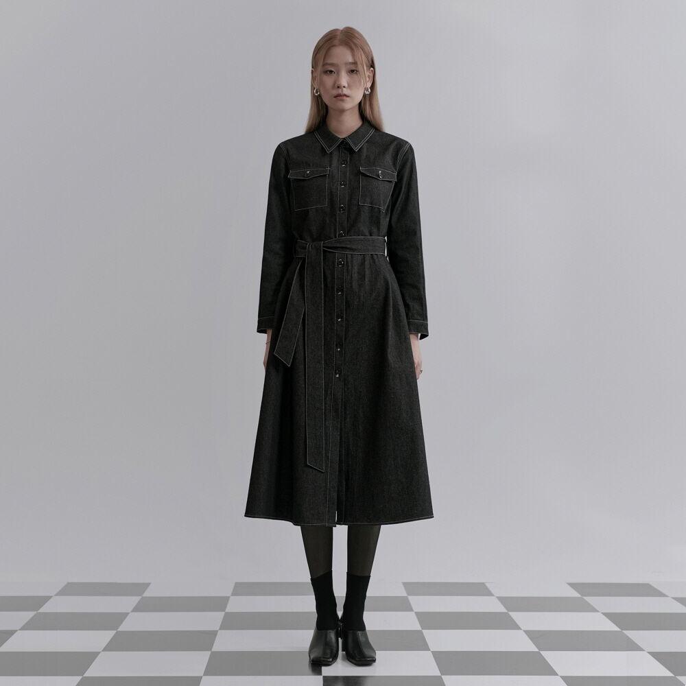 스티치 데님 셔츠원피스 맥시드레스 블랙 MDOP040BLACK