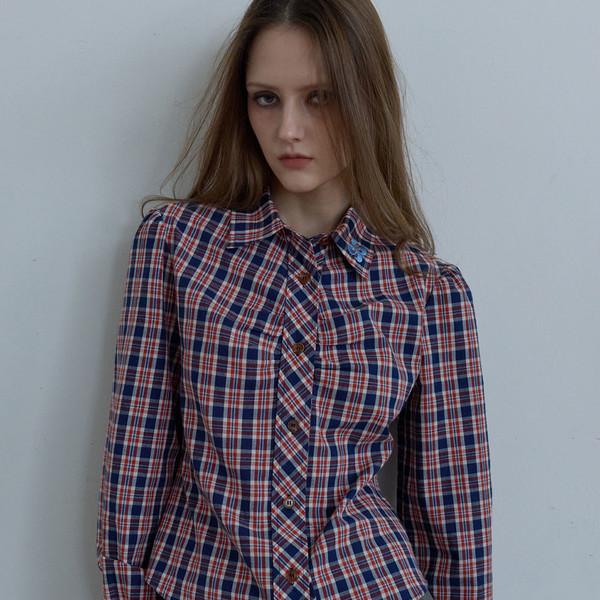 BACK CURVE CHECK PUFF SHIRT / orange
