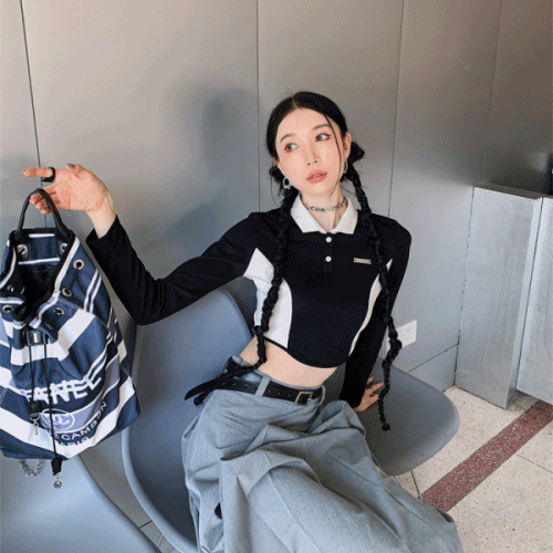폴로 카라넥 배색라인 블랙/화이트 블록코어룩 크롭티 긴팔티 가을옷  가을티셔츠 캐주얼 심플 MZ룩 유행 Y2K 스포티 트렌디 스우파 걸리시 캐주얼 하이틴 가을신상 슬림핏 날씬해보이는