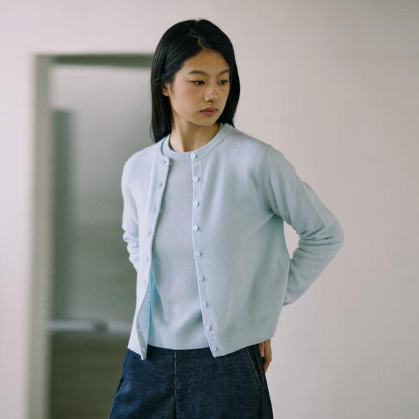 Premium 100% Pure Cashmere Round-Neck Cardigan_Ice Blue