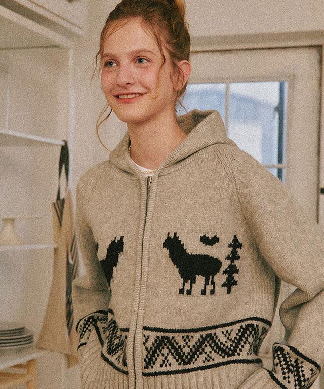 ALPACA JACQUARD HOOD ZIP-UP KNIT GREY