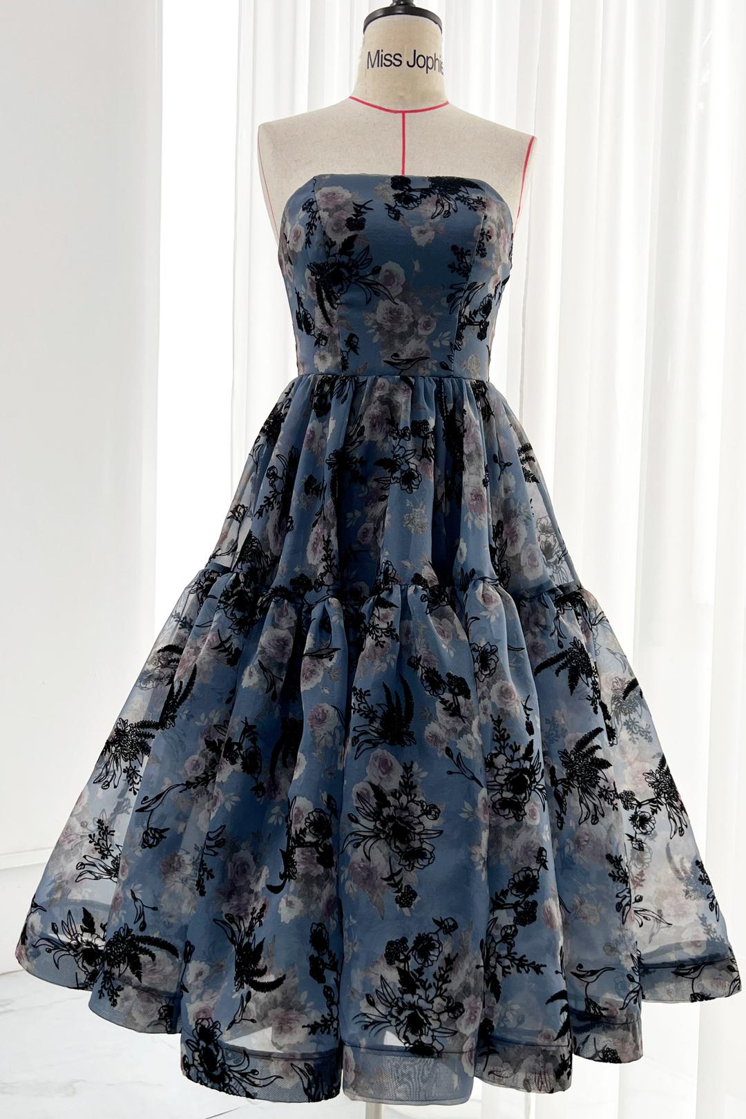Strapless Floral Navy Floral Tiered Midi Evening Gown