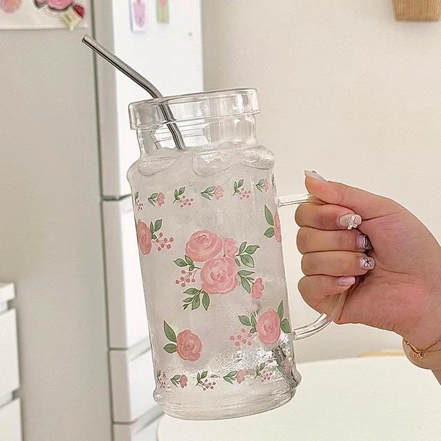 프랑스 스타일 유리 흡입 튜브 컵, 우아한 핑크 장미 대용량 주스 음료 컵, 소녀 야외 사무실 추운 여름 음료 컵