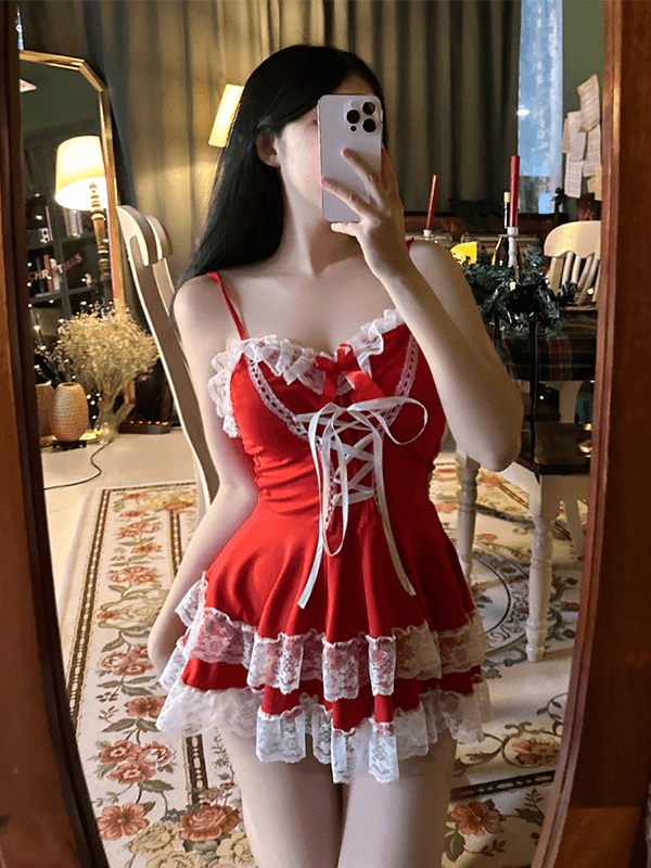 루미에르 [당일출고/파티룩/1color]산타걸 레이스 나시 민소매 미니원피스/파티복 연말룩 파티원피스 연말원피스 크리스마스 트리 섹시원피스 코르셋원피스 코스프레 코스튬 뷔스티에원피스 벨벳원피스 댄서 셔링원피스 생일파티 겨울원피스 레드 빨간니트 워머니트 섹시글램