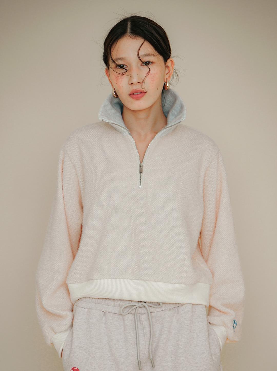 CONTRAST KNIT ZIPUP - OAT BEIGE