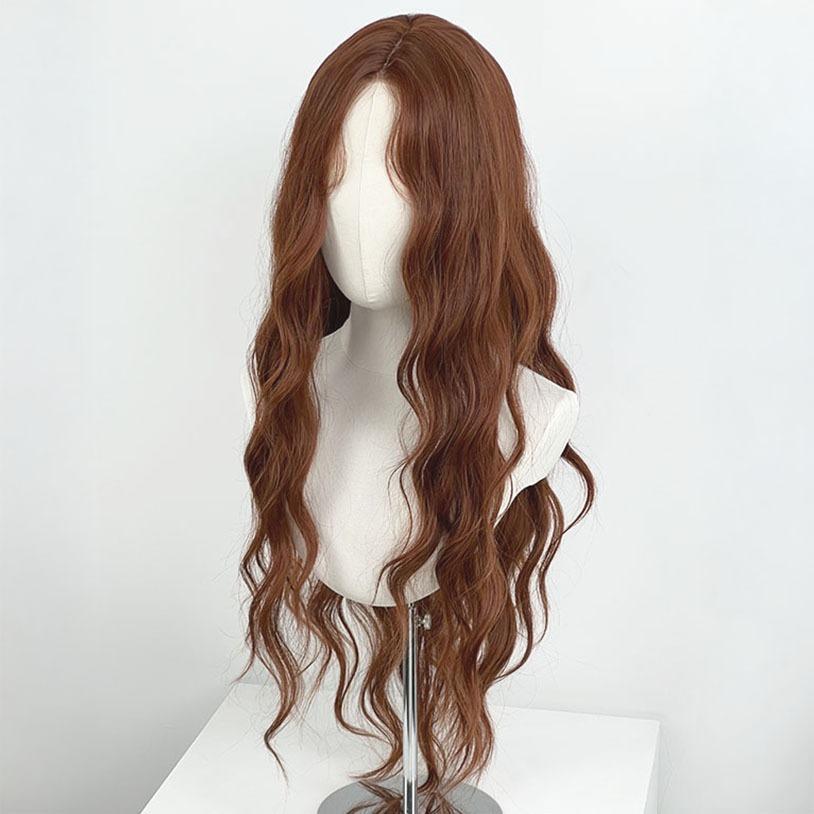 오렌지 브라운 물결 펌 긴 머리 가발