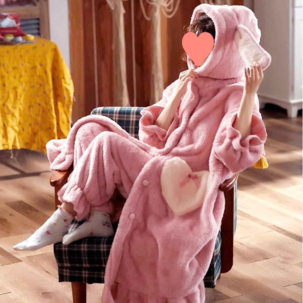 티티리 겨울 후드 토끼 동물 잠옷 여성 마약 수면 바지 기모 가운 파자마 극세사 잠옷