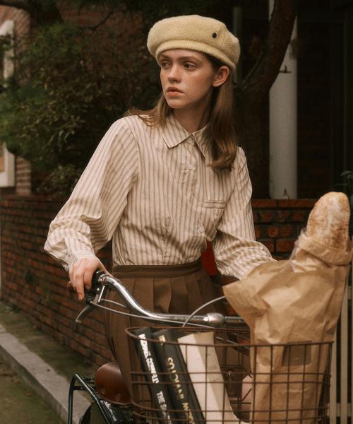 스트라이프 슬림 셔츠 베이지