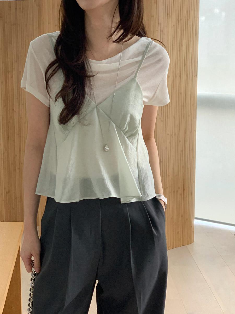 (7일소요) 셀비아 레이어드 랩 러플 셔링 시스루 절개 끈 나시 뷔스티에 3color