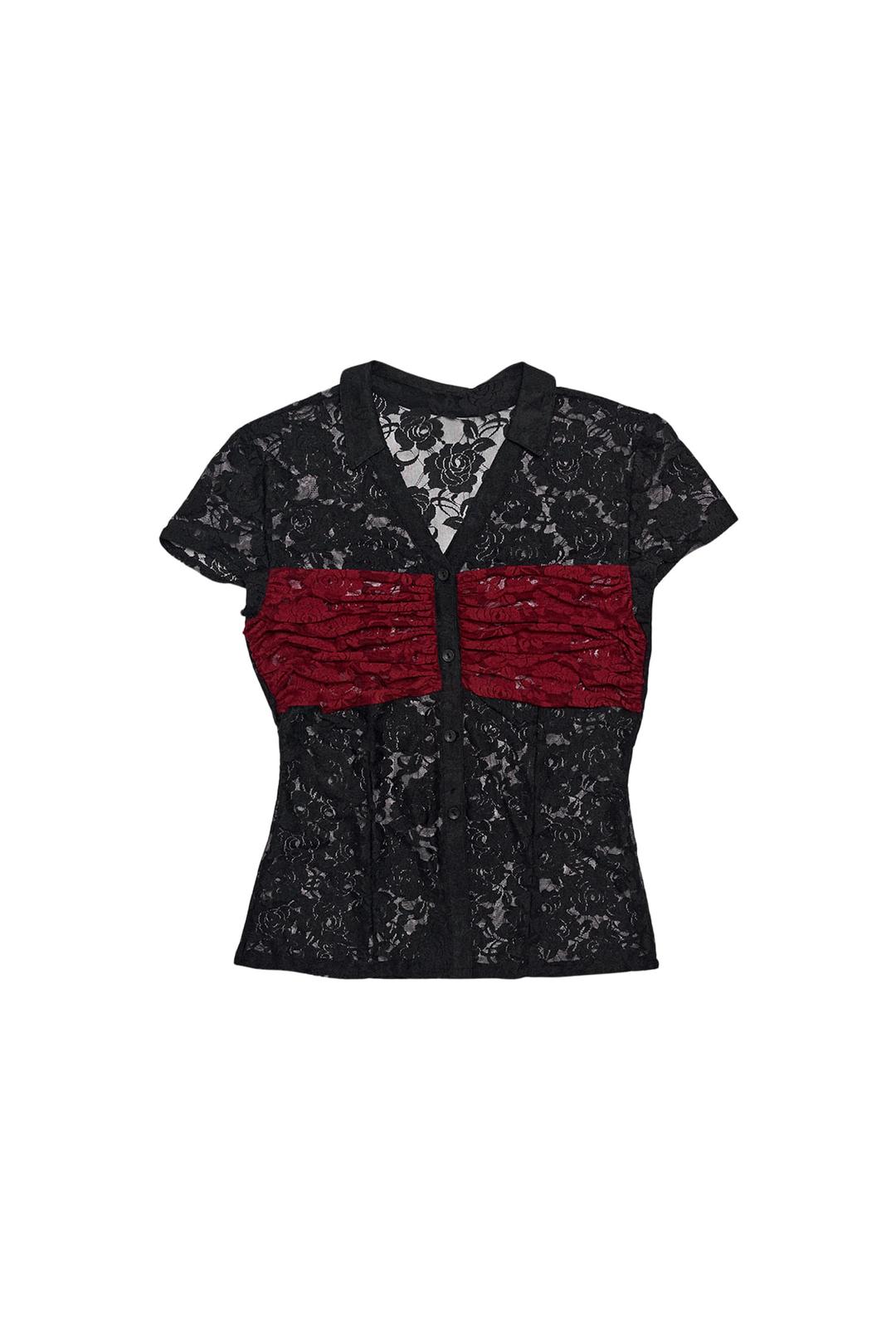 LACE SHIRRING SHIRT #BLACK&RED - 달링유어배드