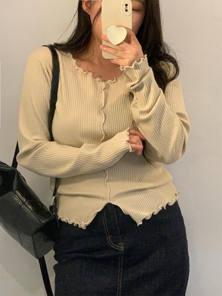[사이즈있음/99까지가능] 쫀득 물결 보트넥 트임 긴팔 골지 티셔츠