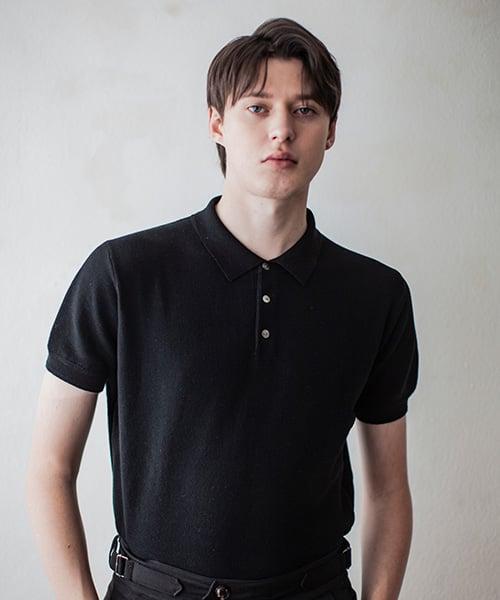 000 Black Knit Plain Pattern Button Collar Shirts