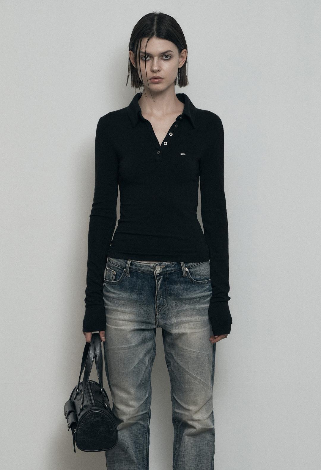 SOFT HALF COLLAR SHIRT, BLACK