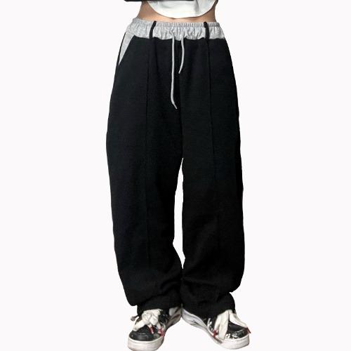 배색 와이드 코튼 포켓 트레이닝 팬츠