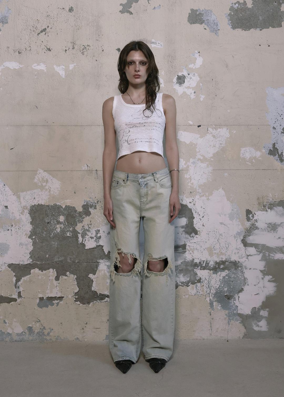 KNEE-DAMAGED WIDE JEANS, LIGHT BLUE