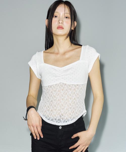 펀칭 콤비 레이스 하프 티셔츠 [화이트]