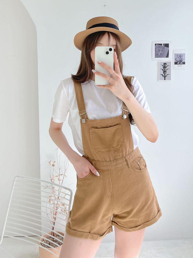 [귀여운멜빵바지] 멜빵 반바지 카고 데님 스판 점프수트
