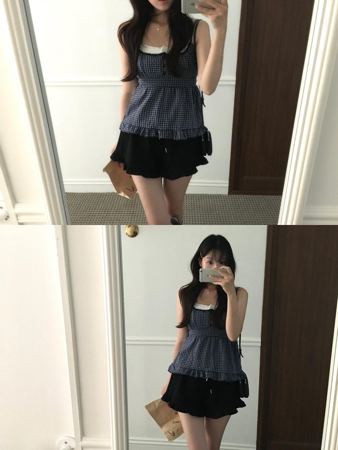 레옹 체크 나시 블라우스