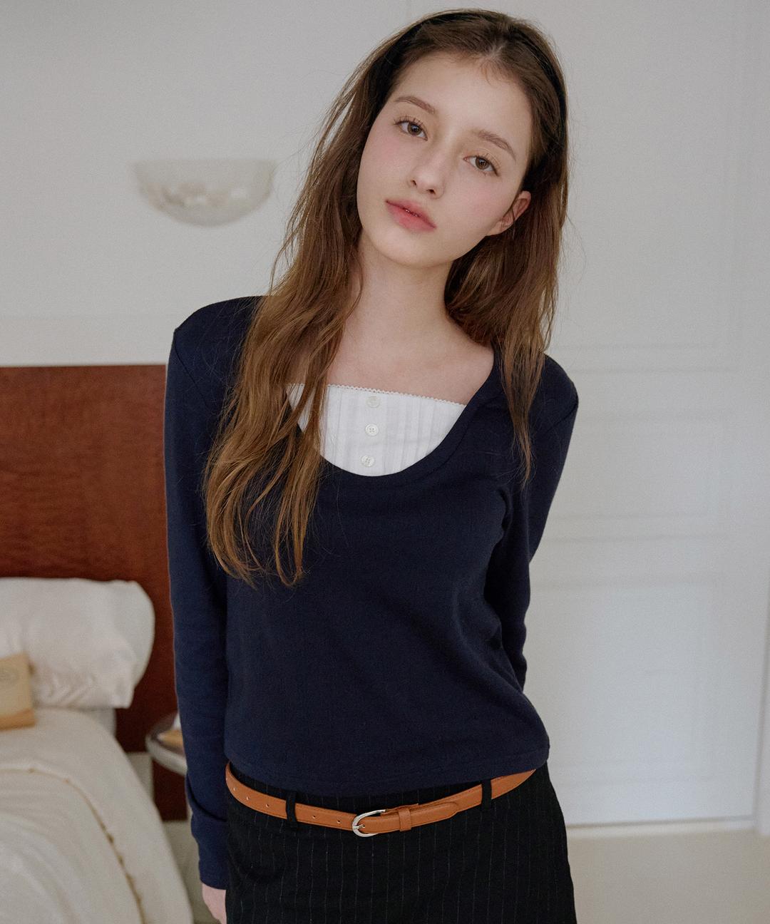 [ Pre-order Coming soon 08.18 11:00am ] Merit Layered Shirt T-Shirt ( Navy )