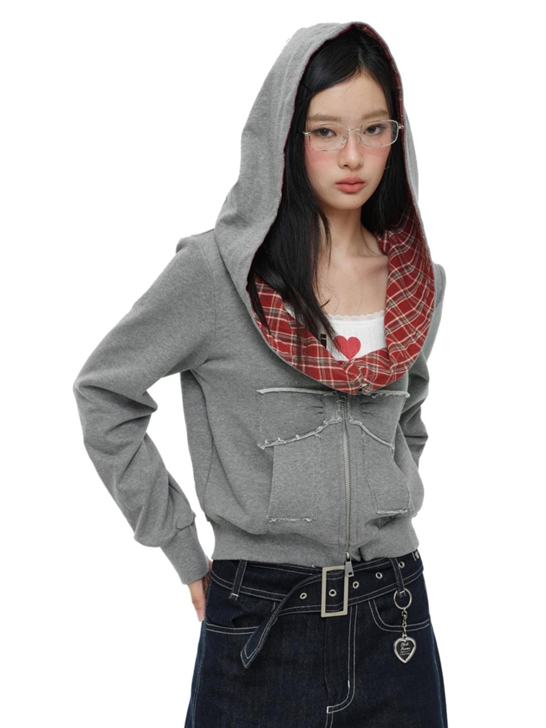 Sweet Letter Ribbon Stitch Plaid Hoodie Zip-up (2ver)