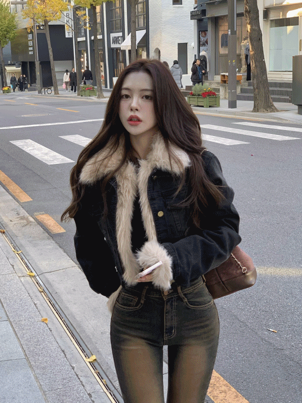 디어셀린 *누빔안감* 블랙자켓 블랙워싱데님퍼자켓