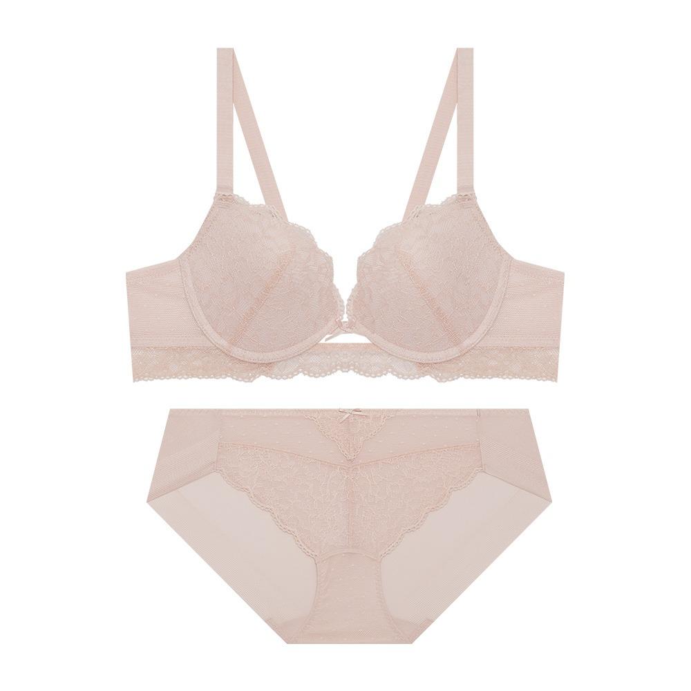 프론트홀 도트 레이스 볼륨 브라 팬티 세트 - 핑크베이지