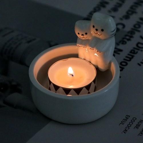 불쬐는 고양이 두마리 세라믹 티라이트 홀더 받침대