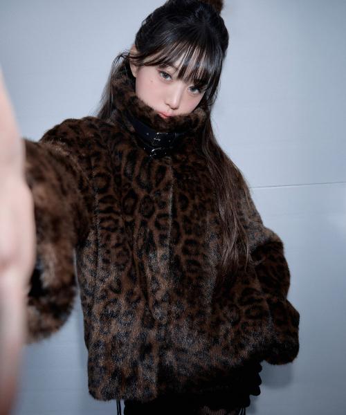 LEOPARD COLLAR FUR JACKET BROWN