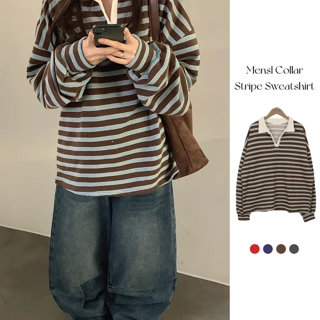 [최저가/포슬기모🧶] 멘슬 럭비 스트라이프 단가라 카라 오버핏 맨투맨 티셔츠