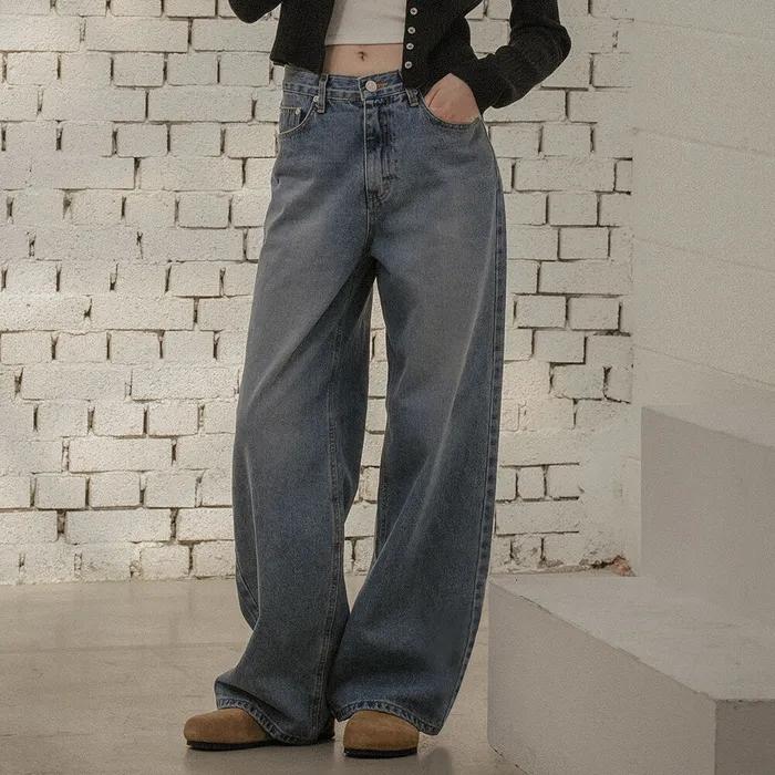 Loose fit straight washing denim pants_Blue