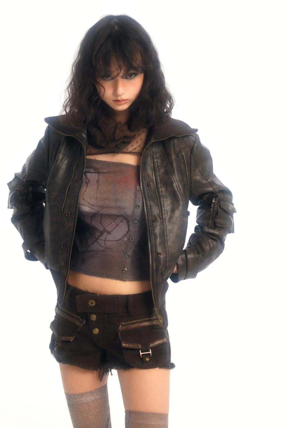 Fur Dark Leather Coat - S