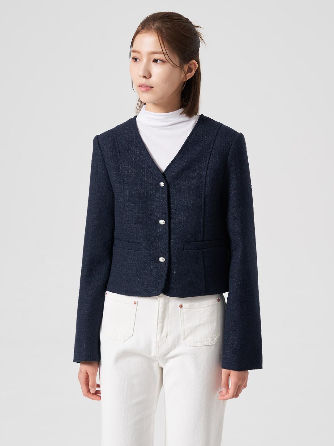 트위드 브이넥 네이비 재킷 - 네이비