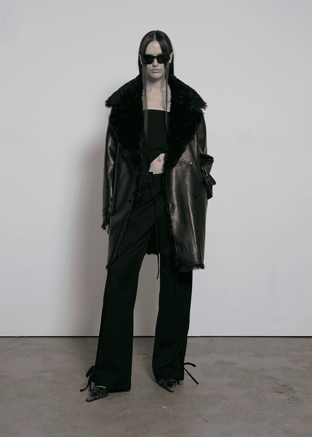(HALF) FAUX LEATHER SHEARLING COAT, BLACK