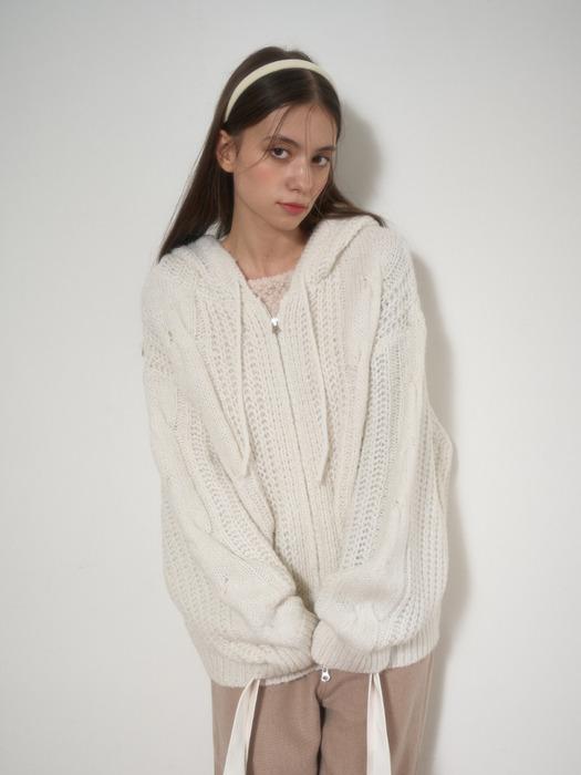 CABLE KNIT HOOD ZIP-UP-CREAM