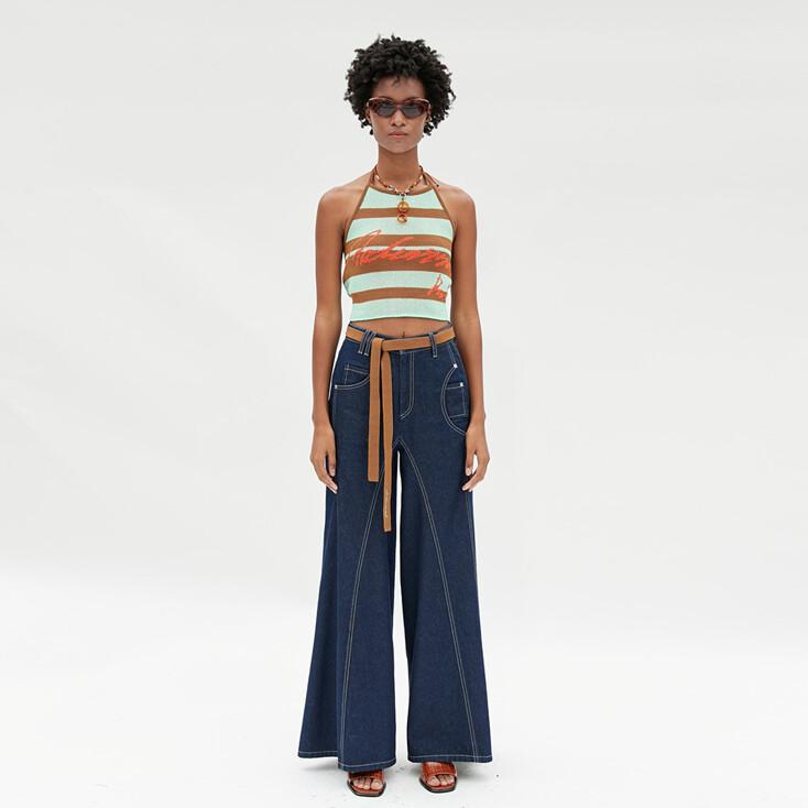 SUMMER JACQUARD HALTER KNIT TOP atb730w(BROWN/PALE JADE)