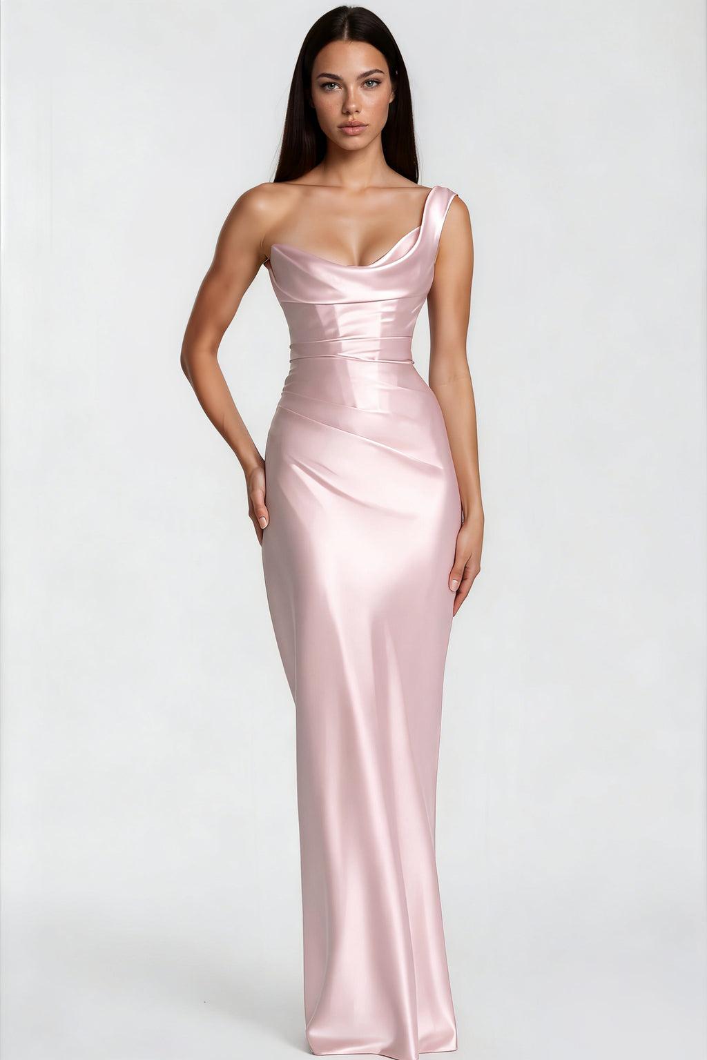Hannah Pink One Shoulder Satin Maxi Dress