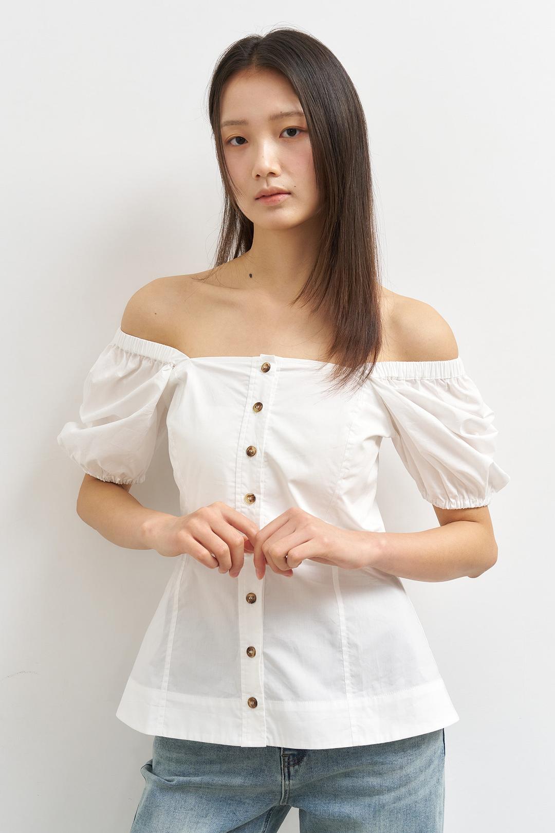 WOMAN 스퀘어넥 코튼 페플럼 블라우스 [WHITE]