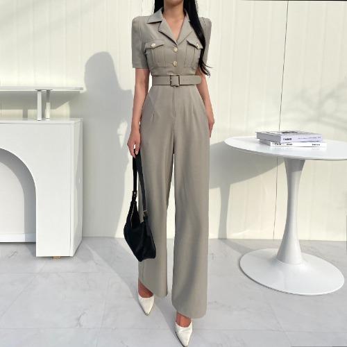 카딘 반팔 와이드 롱 점프수트 ( 벨트 하객룩 팬츠 js 점프슈트 바지 버튼 포켓 하이웨스트 )