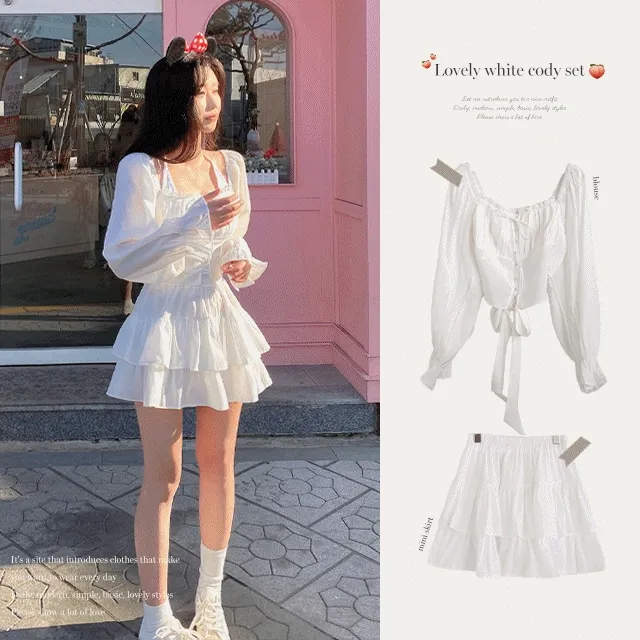 [세트/단독구매가능] 리본 스퀘어넥 크롭 블라우스 + 캉캉 밴딩 쉬폰 미니스커트