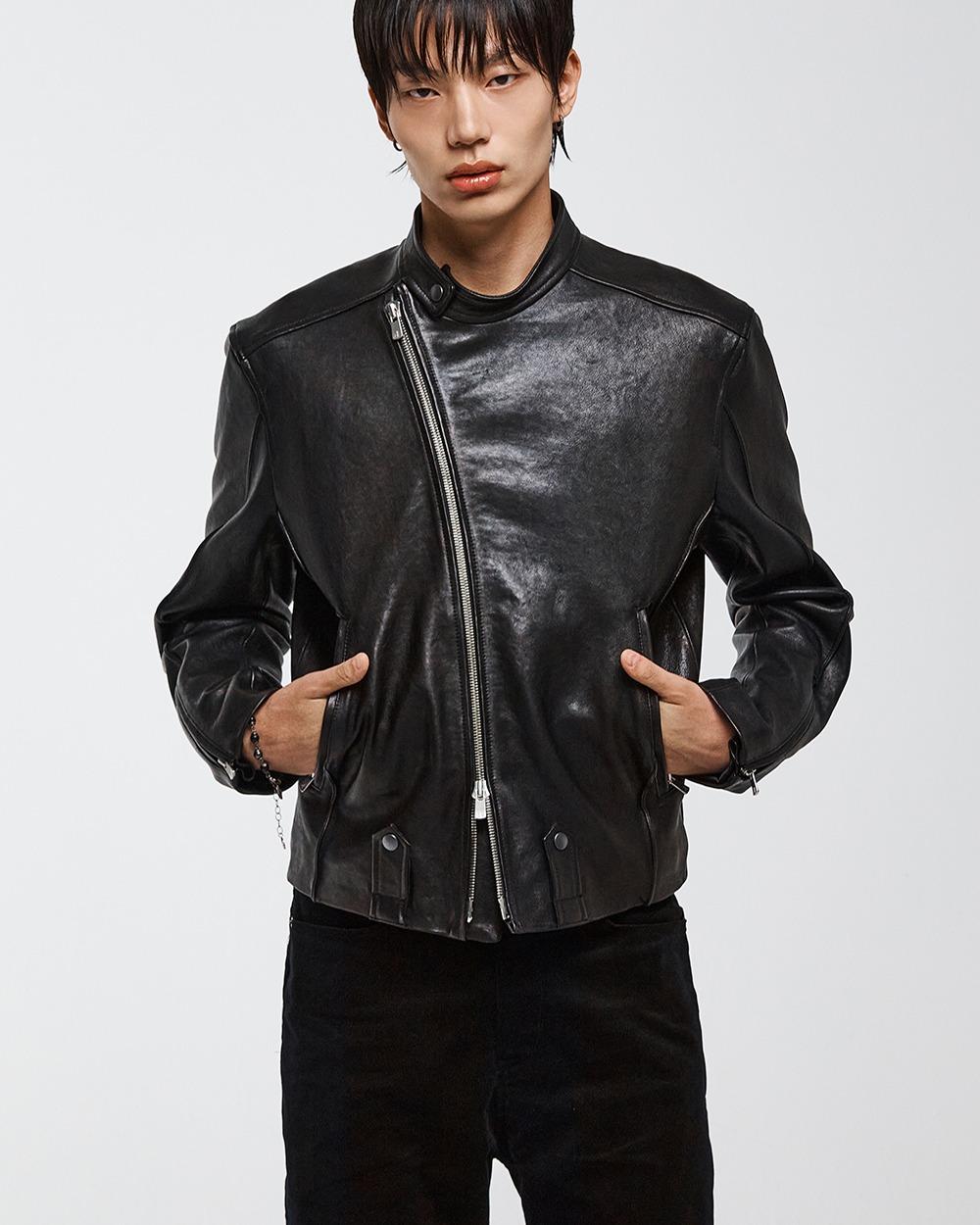 LEATHER ASYMMETRIC BIKER JACKET BLACK (WJ301))_3/25일 순차 출고