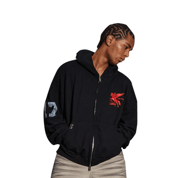 FALLING ANGEL ZIP UP HOODIE - BLACK