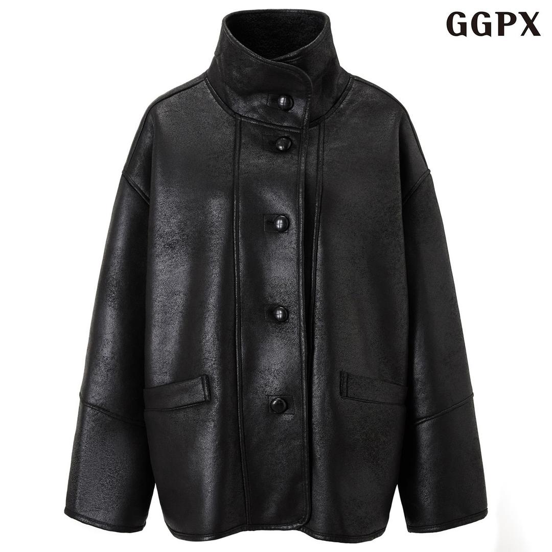 빈티지 레더 오버핏 하이넥 자켓 (GPDJK010D)