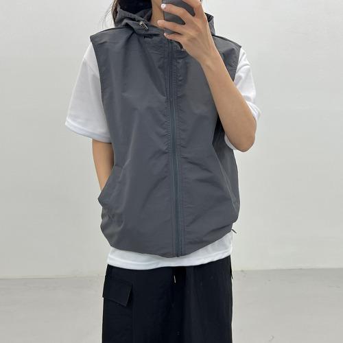 미니멀 나일론 크롭 후드 조끼 베스트 오버핏 고프코어 스트링 숏 자켓 (5Color)