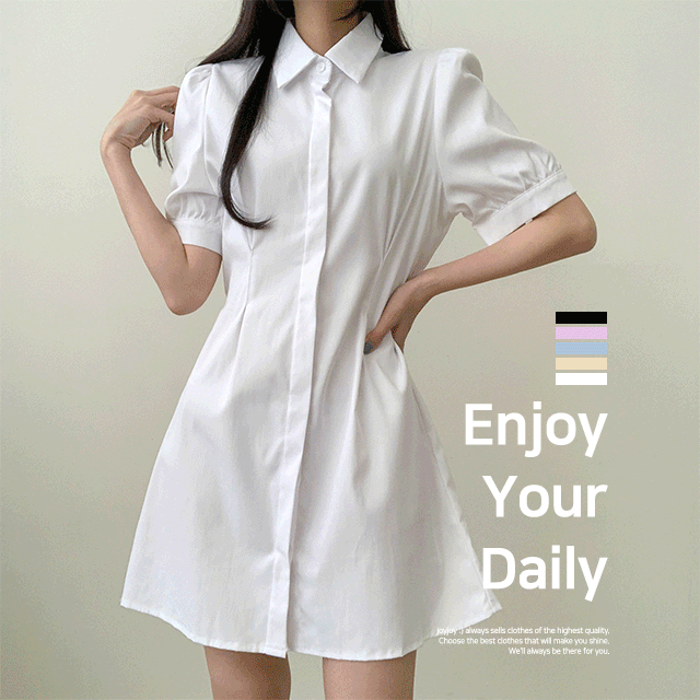 [청순핏/허리잘록] 핀턱 카라 코튼 반팔 셔츠 원피스 5color