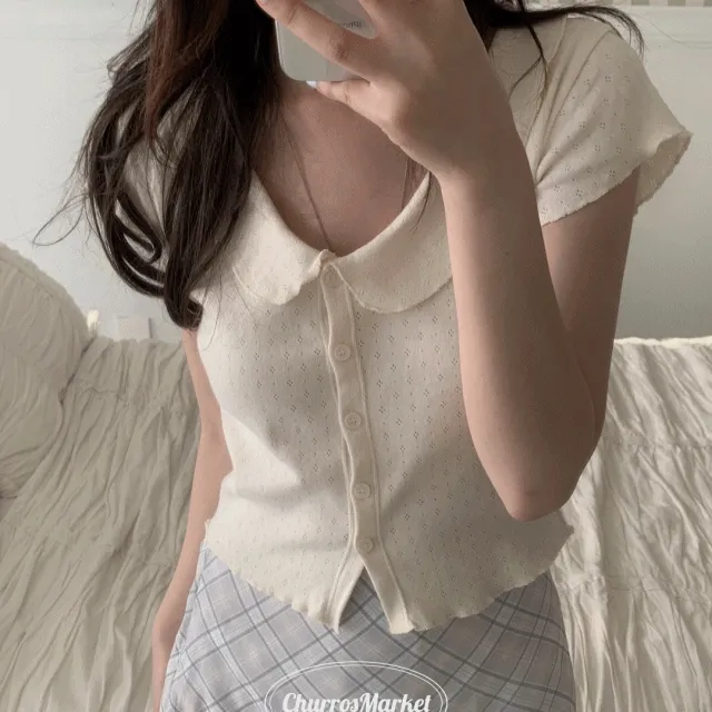 [주문폭주🧈] 크리미 티셔츠 4color (단추 러플 카라티)