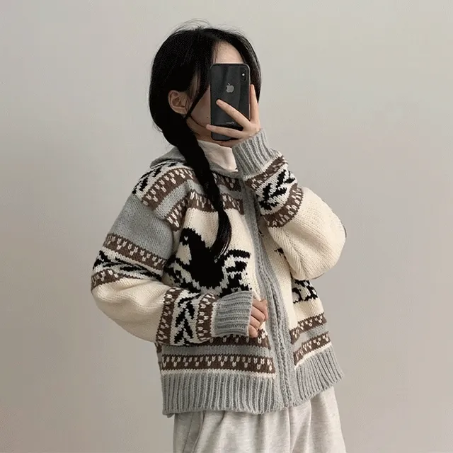 슈니 오버핏 노르딕 니트 집업  [크리스마스/연말룩/빈티지/겨울가디건/스웨터]