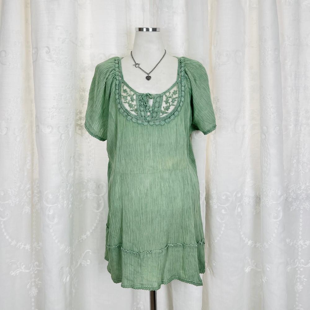 [중고] 1624 민트색 뜨게 자수블라우스 새상품