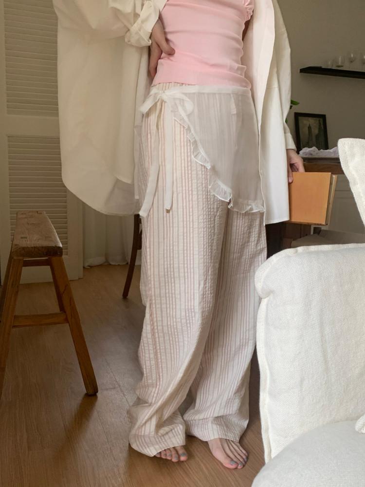 (baby pink)시어 코튼 스트라이프 밴딩 팬츠